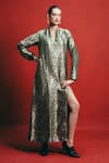 Buy_Ekaya Banaras_Olive Green Silk Zari V-neck Banarasi Emboss Handwoven Kaftan _at_Aza_Fashions