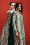Ekaya Banaras_Olive Green Silk Zari V-neck Banarasi Emboss Handwoven Kaftan _at_Aza_Fashions