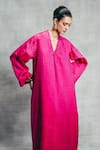 Ekaya Banaras_Pink Satin V-neck Handwoven Gerum Pattern Banarasi Kaftan _Online_at_Aza_Fashions
