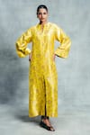 Buy_Ekaya Banaras_Yellow Satin Zari, Embroidery Split V-neck Banarasi Kadhwa Handwoven Kaftan _at_Aza_Fashions