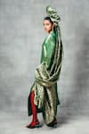 Shop_Ekaya Banaras_Green Silk V-neck Handwoven Banarasi Emboss Kaftan _at_Aza_Fashions