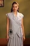 Shop_Savaaya_Grey Linen Embroidery V-neck, Collared Wrap Top And Pleated Skirt Set _at_Aza_Fashions
