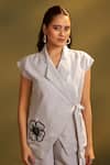 Savaaya_Grey Linen Applique, Beads, Embroidery V-neck, Floral Handwork Top And Pant Set _Online_at_Aza_Fashions
