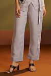 Buy_Savaaya_Grey Linen Applique, Beads, Embroidery V-neck, Floral Handwork Top And Pant Set _Online_at_Aza_Fashions