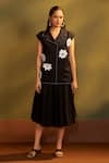 Buy_Savaaya_Black Linen Applique, Beads, Embroidery Floral Top And Pleated Skirt Set _at_Aza_Fashions