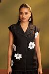 Shop_Savaaya_Black Linen Applique, Beads, Embroidery Floral Top And Pleated Skirt Set _at_Aza_Fashions