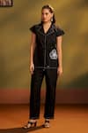Buy_Savaaya_Black Linen Embroidery, Beads, Metallic Thread Floral Applique Top And Pant Set _at_Aza_Fashions