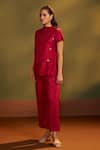 Buy_Savaaya_Red Viscose High Neck Asymmetric Button Top And Pant Set _Online_at_Aza_Fashions