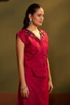 Buy_Savaaya_Red Viscose Sequins, Beads V-neck Crushed Handwork Top And Skirt Set _Online_at_Aza_Fashions