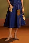 Savaaya_Blue Denim Embroidery, Patchwork Split V-neck Pocket Top And Skirt Set _Online_at_Aza_Fashions