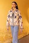 Shop_ASRUMO_Off White Velvet Embroidery High Neck Floral Hand Jacket _Online_at_Aza_Fashions