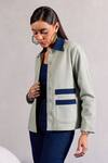 Buy_Zazu_Green Tweed, Denim Collared Nautical Contrast Panelled Jacket _at_Aza_Fashions
