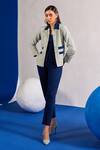 Shop_Zazu_Green Tweed, Denim Collared Nautical Contrast Panelled Jacket _Online_at_Aza_Fashions