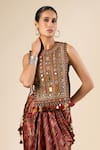 Buy_Tarun Tahiliani_Red Round Neck Mirror Embroidered Vest _at_Aza_Fashions