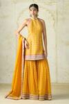 Buy_Gopi Vaid_Mustard Tussar, Organza Embroidery, Zari, Sequins Halter Kurta And Sharara Set _at_Aza_Fashions