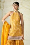 Buy_Gopi Vaid_Mustard Tussar, Organza Embroidery, Zari, Sequins Halter Kurta And Sharara Set 