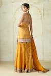 Gopi Vaid_Mustard Tussar, Organza Embroidery, Zari, Sequins Halter Kurta And Sharara Set _Online