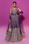Buy_Gopi Vaid_Purple Tussar, Organza Zari, Embroidery V-neck Blouse And Lehenga Set _at_Aza_Fashions