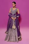 Gopi Vaid_Purple Tussar, Organza Zari, Embroidery V-neck Blouse And Lehenga Set 