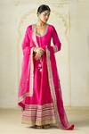 Shop Gopi Vaid Fuchsia Tussar, Linen, Satin, Organza Embroidery, Anarkali Palazzo And Dupatta Set Shop_Gopi Vaid_Fuchsia Tussar, Linen, Satin, Organza Embroidery, Anarkali Palazzo And Dupatta Set