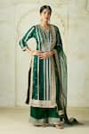 Shop Gopi Vaid Green Tussar, Satin, Organza Zari, Embroidery Split V-neck Kurta Palazzo Set Shop_Gopi Vaid_Green Tussar, Satin, Organza Zari, Embroidery Split V-neck Kurta Palazzo Set