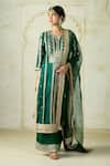 Gopi Vaid Green Tussar, Satin, Organza Zari, Embroidery Split V-neck Kurta Palazzo Set Online Gopi Vaid_Green Tussar, Satin, Organza Zari, Embroidery Split V-neck Kurta Palazzo Set _Online