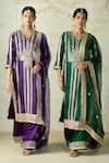 Buy_Gopi Vaid_Purple Tussar, Satin, Organza Embroidery, Zari Split V-neck Kurta Palazzo Set _Online