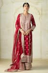 Buy Gopi Vaid Red Tussar, Organza Embroidery, Zari Split V-neck Kurta Palazzo Set at Aza Fashions Buy_Gopi Vaid_Red Tussar, Organza Embroidery, Zari Split V-neck Kurta Palazzo Set _at_Aza_Fashions