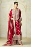 Buy Gopi Vaid Red Tussar, Organza Embroidery, Zari Split V-neck Kurta Palazzo Set Buy_Gopi Vaid_Red Tussar, Organza Embroidery, Zari Split V-neck Kurta Palazzo Set