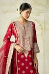 Shop Gopi Vaid Red Tussar, Organza Embroidery, Zari Split V-neck Kurta Palazzo Set Shop_Gopi Vaid_Red Tussar, Organza Embroidery, Zari Split V-neck Kurta Palazzo Set