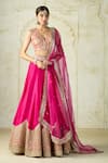 Buy_Gopi Vaid_Pink Tussar, Organza Zari, Embroidery V-neck Blouse And Lehenga Set _at_Aza_Fashions