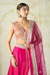 Shop_Gopi Vaid_Pink Tussar, Organza Zari, Embroidery V-neck Blouse And Lehenga Set 