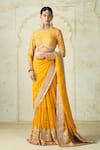 Gopi Vaid Mustard Georgette, Tussar Zari, Embroidery Round Tiered Saree And Padded Blouse Online Gopi Vaid_Mustard Georgette, Tussar Zari, Embroidery Round Tiered Saree And Padded Blouse _Online