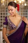 Gopi Vaid Purple Georgette, Tussar Embroidery, Zari V-neck Saree With Padded Blouse Gopi Vaid_Purple Georgette, Tussar Embroidery, Zari V-neck Saree With Padded Blouse