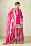 Buy Gopi Vaid Fuchsia Tussar, Organza Embroidery, Zari Split V-neck Kurta Sharara Set at Aza Fashions Buy_Gopi Vaid_Fuchsia Tussar, Organza Embroidery, Zari Split V-neck Kurta Sharara Set _at_Aza_Fashions