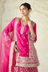 Shop Gopi Vaid Fuchsia Tussar, Organza Embroidery, Zari Split V-neck Kurta Sharara Set Shop_Gopi Vaid_Fuchsia Tussar, Organza Embroidery, Zari Split V-neck Kurta Sharara Set