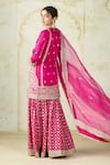 Gopi Vaid Fuchsia Tussar, Organza Embroidery, Zari Split V-neck Kurta Sharara Set Online Gopi Vaid_Fuchsia Tussar, Organza Embroidery, Zari Split V-neck Kurta Sharara Set _Online