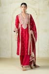 Shop Gopi Vaid Red Tussar, Linen, Satin, Organza Embroidery, Zari, Kurta Palazzo And Dupatta Set Shop_Gopi Vaid_Red Tussar, Linen, Satin, Organza Embroidery, Zari, Kurta Palazzo And Dupatta Set