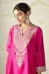 Shop Gopi Vaid Pink Tussar Embroidery, Zari V-neck Asymmetric Kurta And Farshi Salwar Shop_Gopi Vaid_Pink Tussar Embroidery, Zari V-neck Asymmetric Kurta And Farshi Salwar