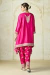 Gopi Vaid Pink Tussar Embroidery, Zari V-neck Asymmetric Kurta And Farshi Salwar Online Gopi Vaid_Pink Tussar Embroidery, Zari V-neck Asymmetric Kurta And Farshi Salwar _Online