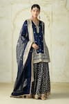 Shop Gopi Vaid Blue Tussar, Organza Embroidery, Zari, Sequins Split Kurta Sharara And Dupatta Set Shop_Gopi Vaid_Blue Tussar, Organza Embroidery, Zari, Sequins Split Kurta Sharara And Dupatta Set