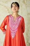 Gopi Vaid Orange Tussar Embroidery, Gota Patti V-neck Kurta And Farshi Salwar Set Online Gopi Vaid_Orange Tussar Embroidery, Gota Patti V-neck Kurta And Farshi Salwar Set _Online