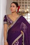 Gopi Vaid Purple Georgette, Tussar Embroidery, Zari V-neck Saree With Padded Blouse Gopi Vaid_Purple Georgette, Tussar Embroidery, Zari V-neck Saree With Padded Blouse