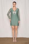 Buy_Amrta By Guneet Kondal_Blue Cotton, Silk, Viscose Beads, Zari V-neck Bird Embroidered Short Dress _Online_at_Aza_Fashions