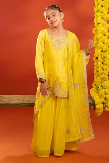 Buy_Petite Pomme_Yellow Satin, Organza Embroidery Kurta Set _at_Aza_Fashions