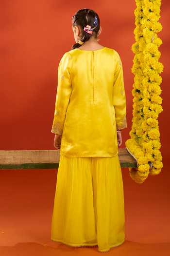 Petite Pomme_Yellow Satin, Organza Embroidery Kurta Set _Online_at_Aza_Fashions