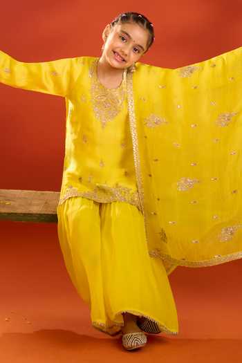 Petite Pomme_Yellow Satin, Organza Embroidery Kurta Set _at_Aza_Fashions