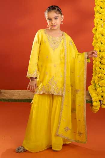 Petite Pomme_Yellow Satin, Organza Embroidery Kurta Set 