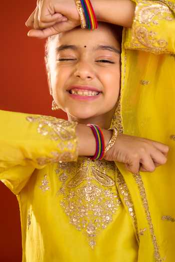 Petite Pomme_Yellow Satin, Organza Embroidery Kurta Set 