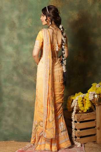 Archana Kochhar_Yellow Georgette Sequins, Beads, Pearls, Embroidered Pre-draped Saree Set _Online_at_Aza_Fashions